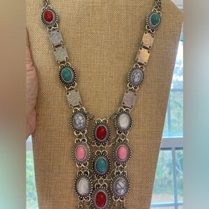 Bohemian Tribal Ethnic Necklace with Stones and Metal Fringe‎